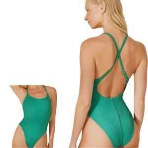 Shade & Shore Teal Green One-Piece Swimsuit with Crisscross Back